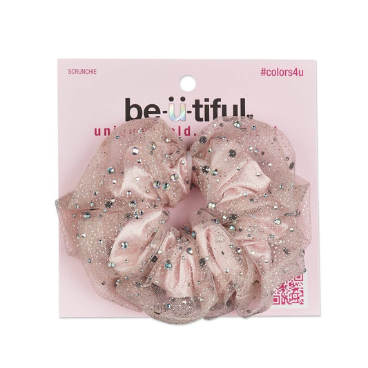 Rhinestone Embellished Hair Scrunchie - Pink - Bellso