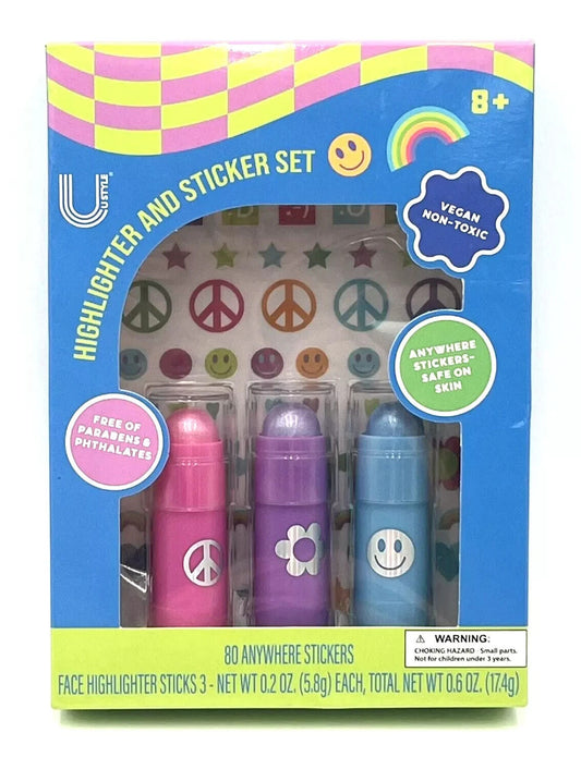 U Style Highlighter and Sticker Set-80 Stickers & 3 Face Highlighter Sticks - Bellso