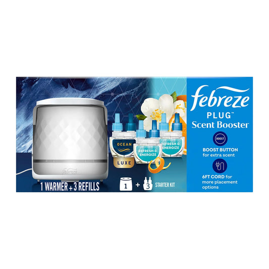 Febreze PLUG Scent Booster, Scented Oil Starter Kit, Warmer + 2 Refresh & Energize + 1 Ocean Refills - Bellso