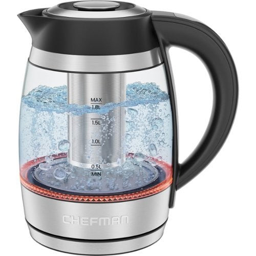 Chefman 1.8L Lightning Borosilicate Glass Electric Kettle: Stainless Steel Lid, 1750W, Hand Wash, Silver & Black Accents - Bellso
