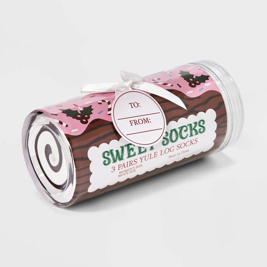 Adult Yule Log 3pk Crew Socks - Brown/Ivory/Pink One Size Fits Most - Bellso