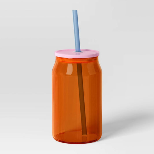 17oz Glass Colorblock Straw Tumbler Orange - Room Essentials™: Borosilicate Glass, Cold Beverages, Hand Wash, 8" Height - Bellso