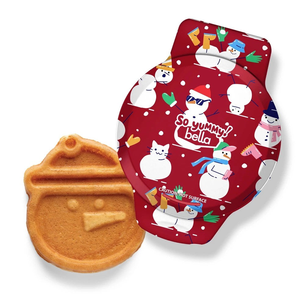 So Yummy by Bella Mini Waffle Maker Snowman: Nonstick Aluminum, 400W, Christmas Red, 3.5" Grill, 1-Year Warranty - Bellso