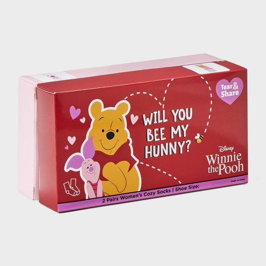 Women's Disney Winnie the Pooh Valentine's Day Tear & Share 2pk Cozy Crew Socks - Red/White 4-10 - Bellso