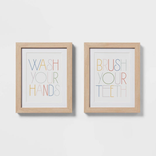 8"x10" 2pk Kids' Framed Wall Arts - Pillowfort™: Multicolor Typography, Vertical Lithograph, Beige Frame, Sawtooth Mount