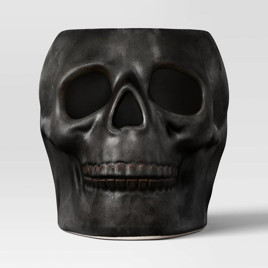 6.12"x8.25" Large Patina Pillar Ceramic Skull Candle Holder Black - Threshold - Bellso