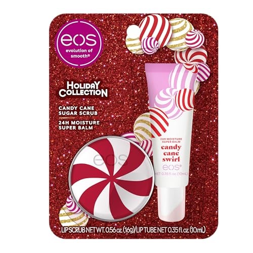 Eos Holiday Lip Treatment Gift Set- Candy Cane Swirl Lip Scrub & 24H Moisture Super Balm, Limited-Edition Lip Care, Stocking Stuffers, 2-Pack - Bellso