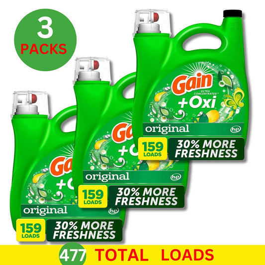 Gain + Oxi Liquid Laundry Detergent Original, 159 Loads, 170 Fl. Oz - 3 Bottles