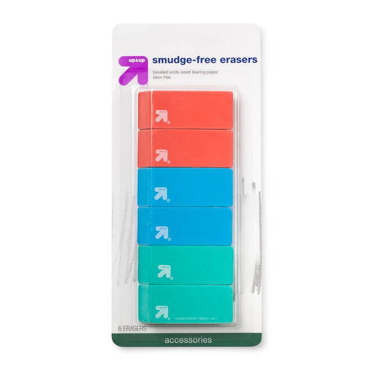 Smudge Free Erasers 6ct - up&up: Vulcanized Rubber, Multicolor, Block Erasers for Pencils, Stationery, Office Supplies - Bellso