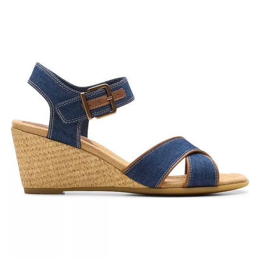 Clarks Collection Women's Emmalae Iris Wedge Sandals - Dark Denim Textile Size 6 - Bellso