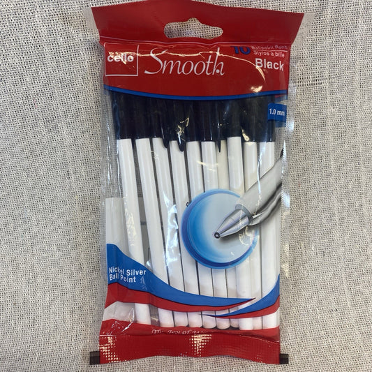 NEW Cello Smooth Pack of 10 Ballpoint Pens Black Ink Nickle Silver 1.0 Mm Point - Bellso