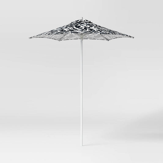 6' Round Floral Monochrome Outdoor Patio Market Umbrellas Jet Black with White Pole - Room Essentials™ - Bellso
