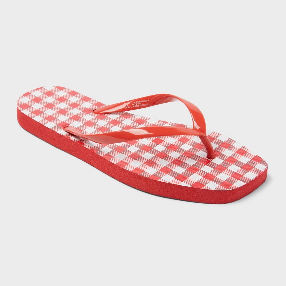 Women's Palmer Gingham Square Toe Flip Flops - Shade & Shore™ Cherry Red 6: Thong Strap, Slip on, Non Marking Outsole - Bellso