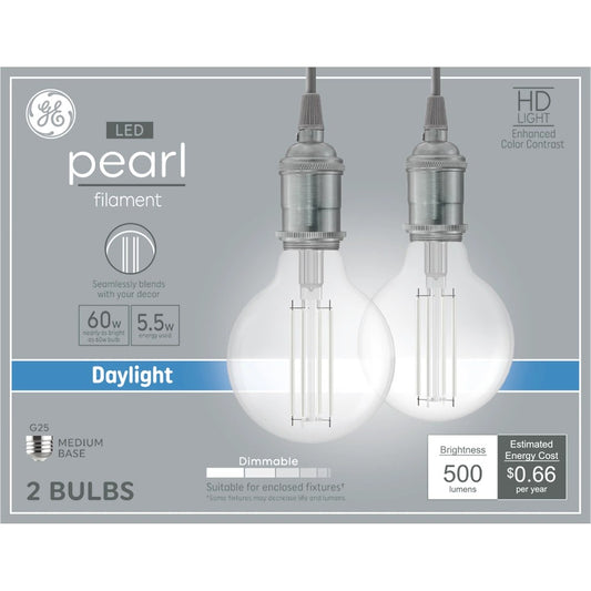 GE 2pk 60W LED G25 Pearl RLX Light Bulbs Daylight