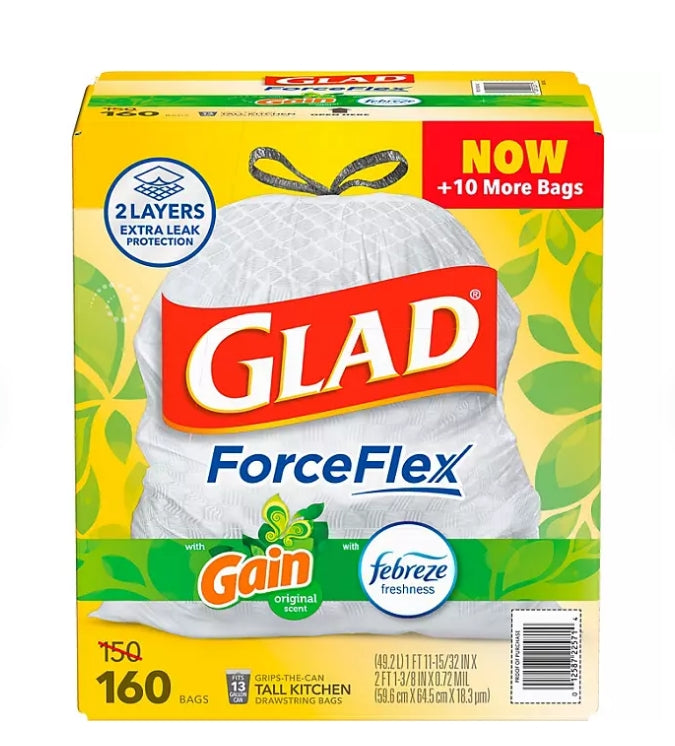 Glad ForceFlex 13-Gallon Kitchen Trash Bags Gain Original Scent + Febreze 160 Ct
