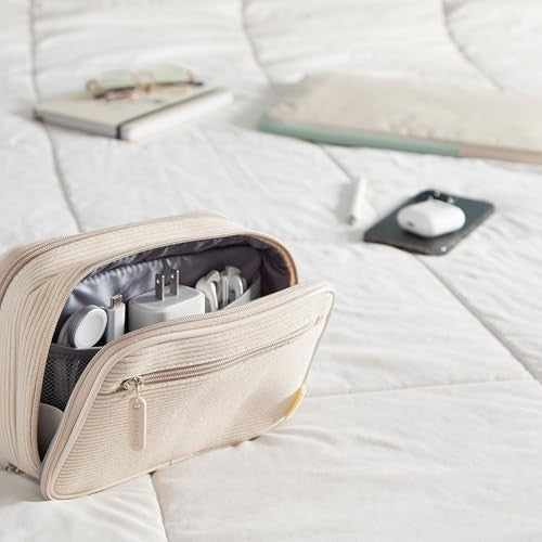 U Brands Dual Zip Corduroy Tech Organizer, 8" X 5.25" X 2.5", Sand Beige