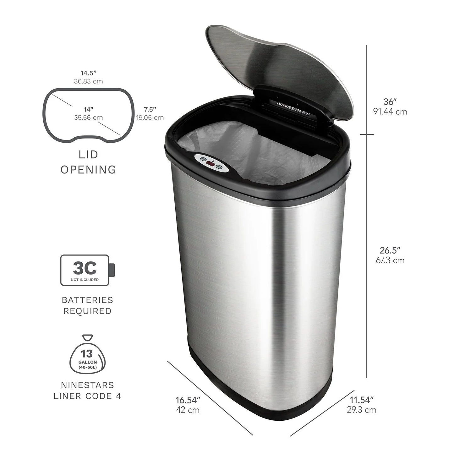 Ninestars 13 Gal & 3 Gal Automatic Touchless Oval Infrared Motion Sensor Trash Can, Silver & Black - Bellso