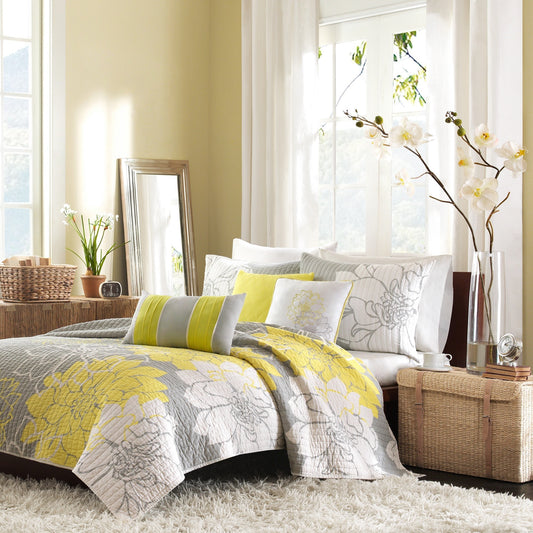 Madison Park Lola Reversible 6-Pc. Quilt Set, King/California King - Taupe Grey/Yellow - Bellso