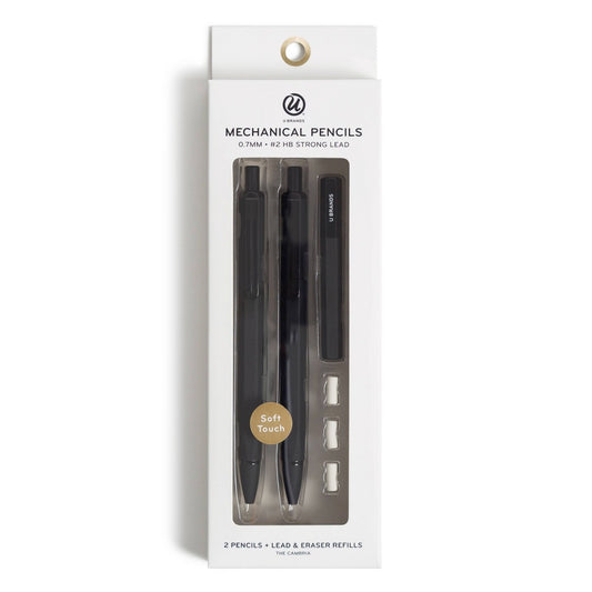 U Brands 2pk Mechanical Pencils Starter Kit Soft Touch Black: Metal, 0.7mm, Stationery, Satin Finish, Ages 14+ - Bellso