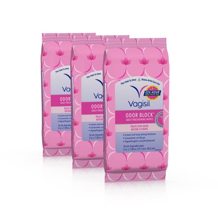 Vagisil Odor Block Daily Freshening Wipes for Feminine Hygiene in Resealable Pouch, Gynecologist Tested & Hypoallergenic, 20 Wipes (Pack of 3) - Bellso
