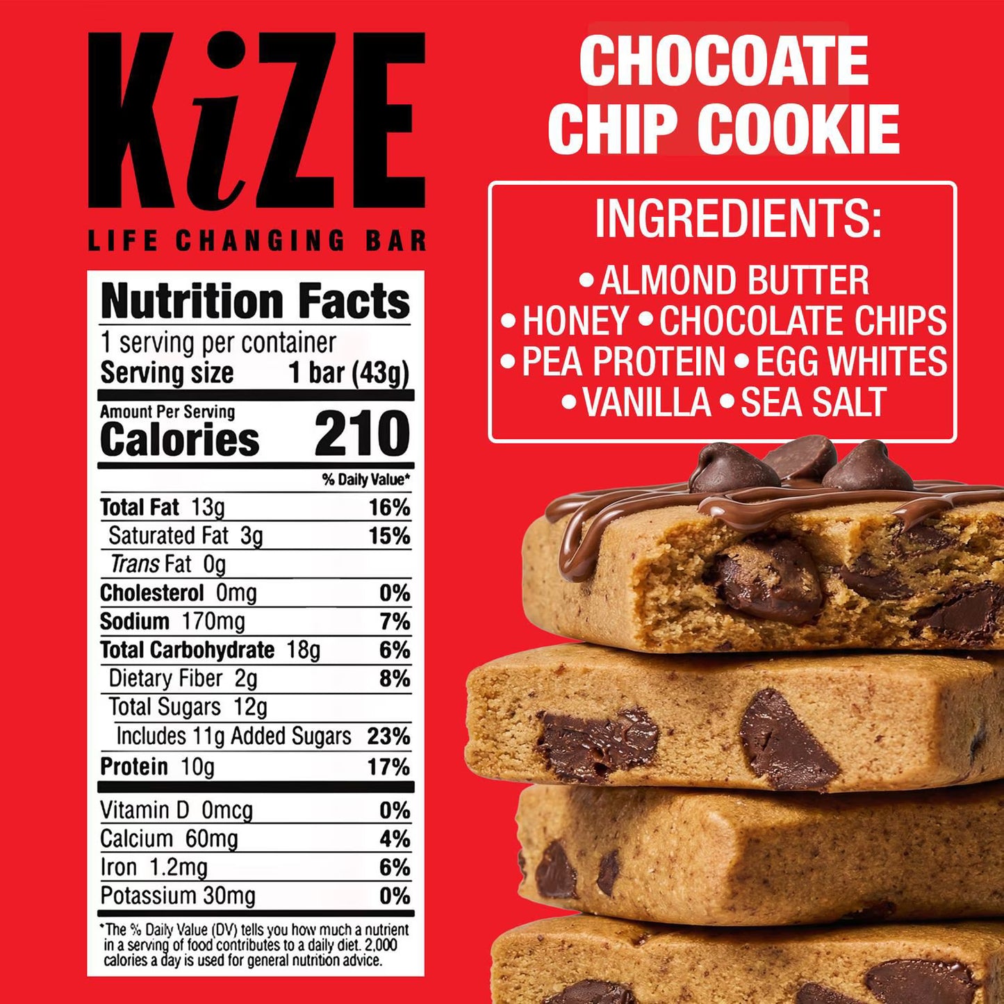 KiZE Life Changing Protein Bars, Chocolate Chip Cookie, 12 ct.