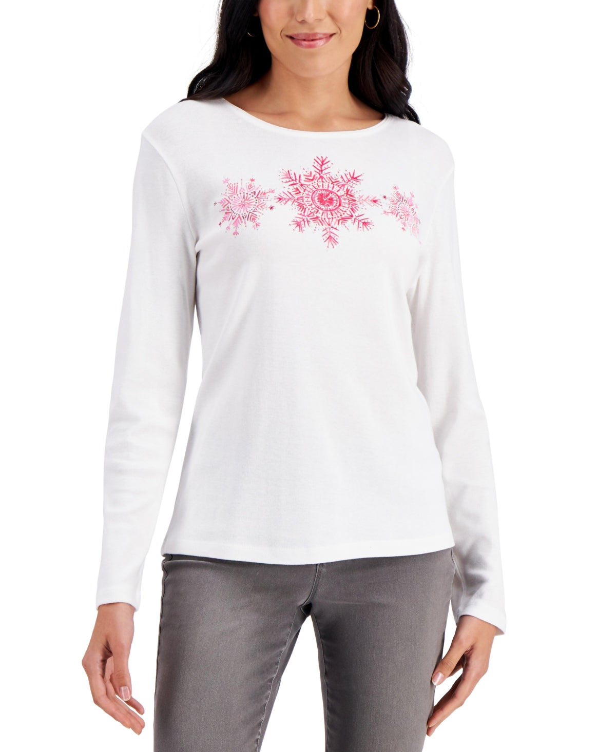 KAREN SCOTT Womens White Glitter Ribbed Snowflake Graphic Long Sleeve Scoop Neck Holiday Top L - Bellso