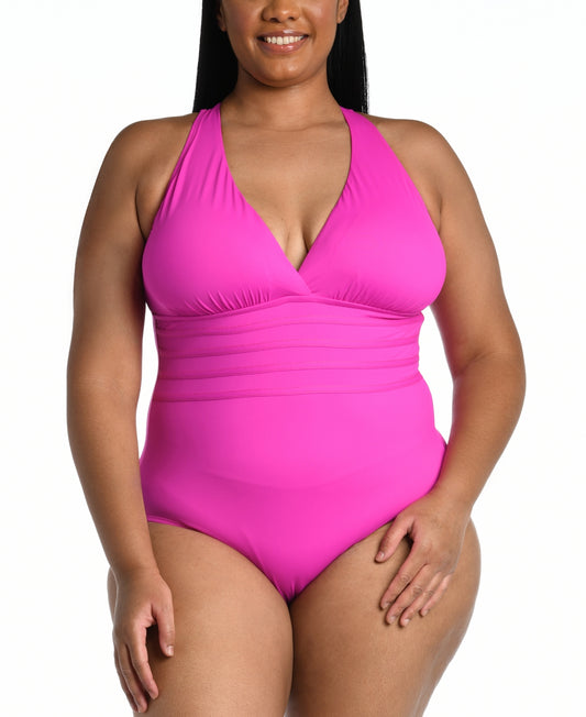 La Blanca Plus Island Goddess Plus Cross Back Mio Tummy Control Removeable Cups One-Piece Swimsuit Women's 18W - Bellso