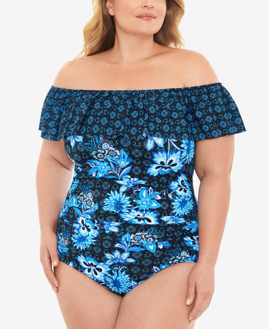 Swim Solutions HIDEAWAY NAVY Ruffled Off-the-Shoulder One-Piece Swimsuit  US 18W - Bellso