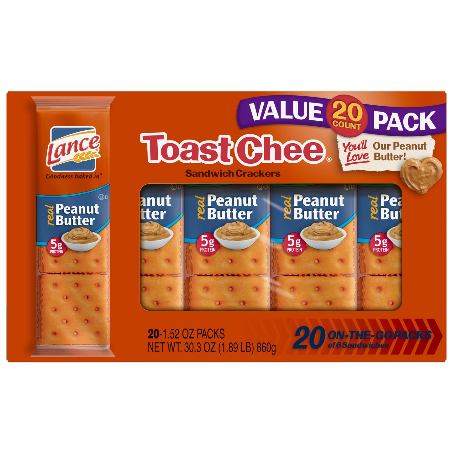 Lance Sandwich Crackers ToastChee Peanut Butter 20 Individually Wrapped Packs 6 Sandwiches Each - Bellso