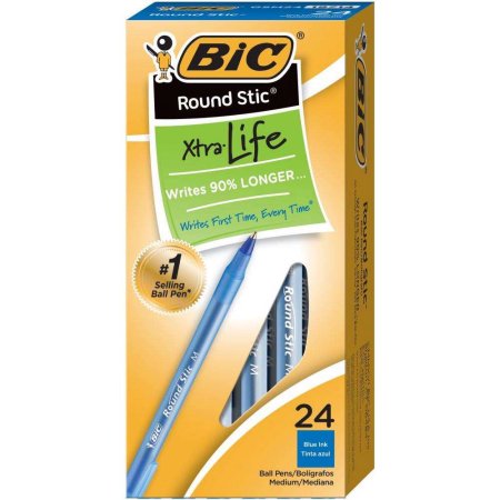 BIC Round Stic Xtra Life Ball Pens  Medium Point 1.0 Mm  Blue  24-Pack - Bellso