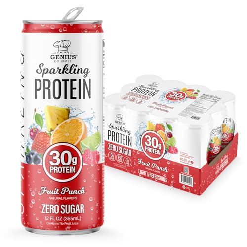 Genius Gourmet Clear Protein Sparkling Water Fruit Punch - 30g Clear Sparkling Protein, Zero Sugar, Low Carb, Lactose Free, Non GMO - Ready To Drink Flavored Sparkling Water
