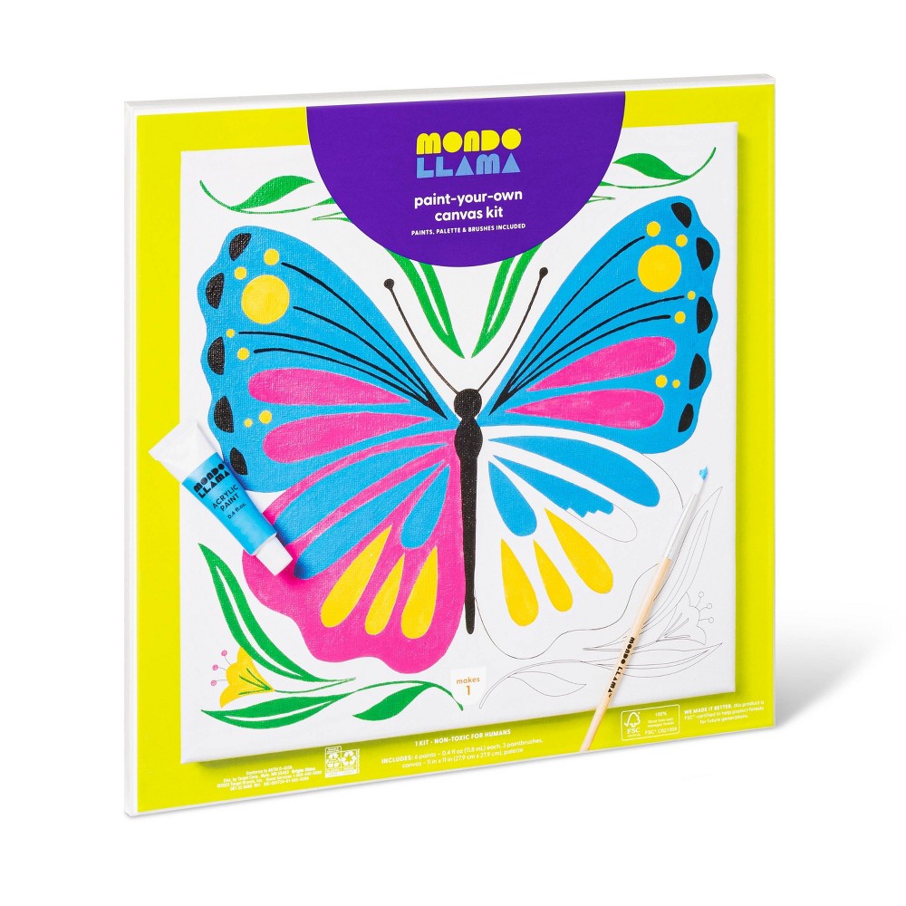 11''x11" Paint-Your-Own Canvas Craft Kit Butterfly - Mondo Llama: DIY Art Kit with Paint, Tray, Brushes, Canvas Boards - Bellso