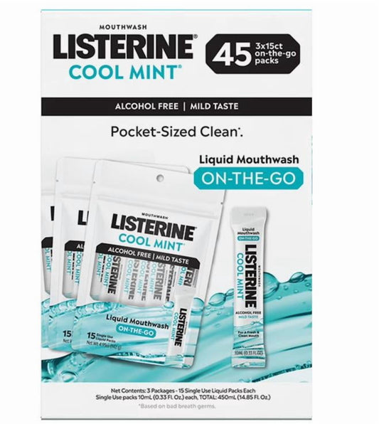 Listerine On-The-Go Cool Mint Mouthwash Sachets Alcohol Free 45 Ct
