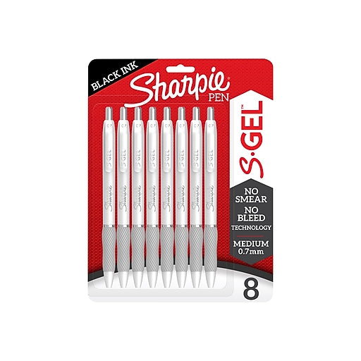 SHARPIE S-Gel Fashion Barrel Gel Pens  Medium Point  0.7 Mm  White Barrels/Black Ink  Pack of 8 Pens - Bellso