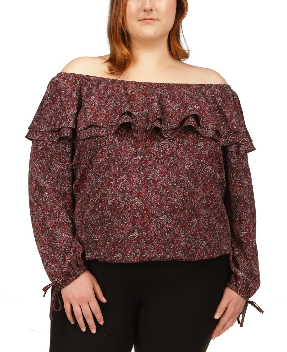 Michael Michael Kors Womens Burgundy Ruffled Unlined Drawstring Cuffs Elasticized Paisley Long Sleeve Off Shoulder Top Plus 3X - All
