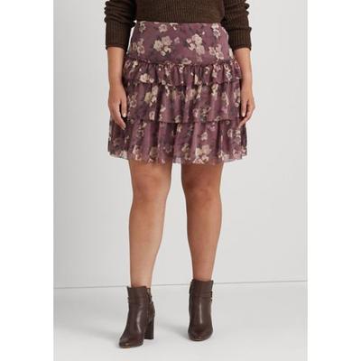 LAUREN RALPH LAUREN Womens Purple Zippered Ruffled Tiered Lined Floral Above the Knee a-Line Skirt Plus 16W