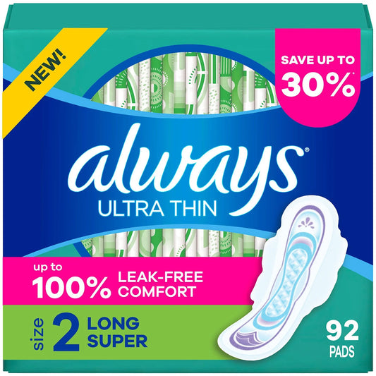 Always Ultra Thin Long Super Pads with Wings, Size 2, 92 ct. - Bellso