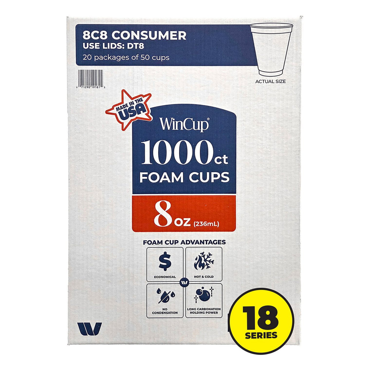 WinCup Foam Drink Cups 18 series, White, 8 oz., 1000 ct.