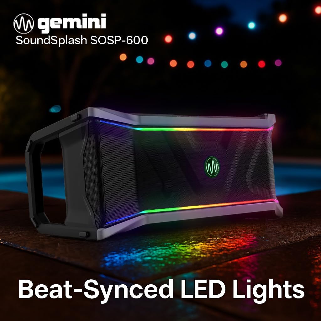 Gemini SoundSplash Floating Bluetooth Speaker β 300W Waterproof Portable Pool Speaker w/LED Lights, 270Β° Sound, Sync 50 Speakers, 24Hr Battery, Mic/Guitar Input, Cup Holders & Bottle Opener - Bellso