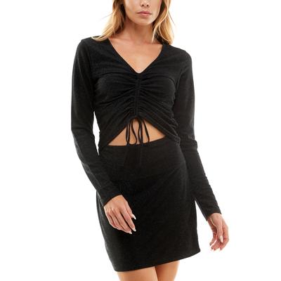 Ultra Flirt Juniors' Glitter V-Neck Ruched-Front Top - Black S - Bellso