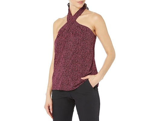 Michael Michael Kors Womens Pink Cut Out Crisscross Open Back Animal Print Sleeveless Halter Cocktail Top - Bellso