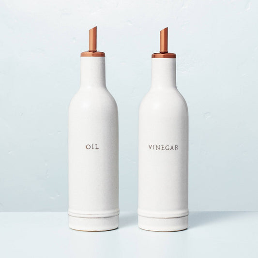 2pc Oil & Vinegar Stoneware Bottle Set Cream/Copper - Hearth & Hand™ with Magnolia - Bellso