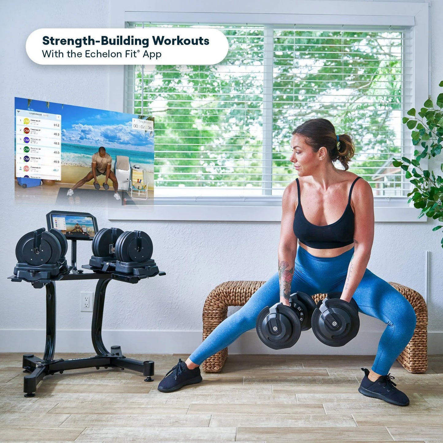 Echelon Adjustable Dumbbells 752 7–52.5 LB with Rack & Stand Metal Grips Tablet Holder - Bellso