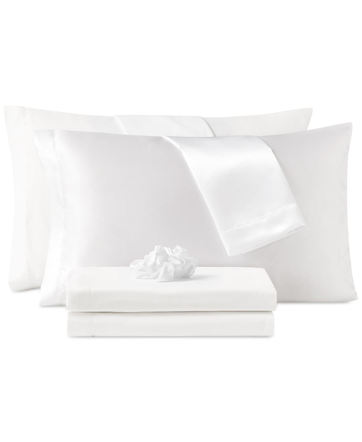Sanders Microfiber 7-Pc. Sheet Set with Satin Pillowcases and Satin Hair-Tie, Queen - White