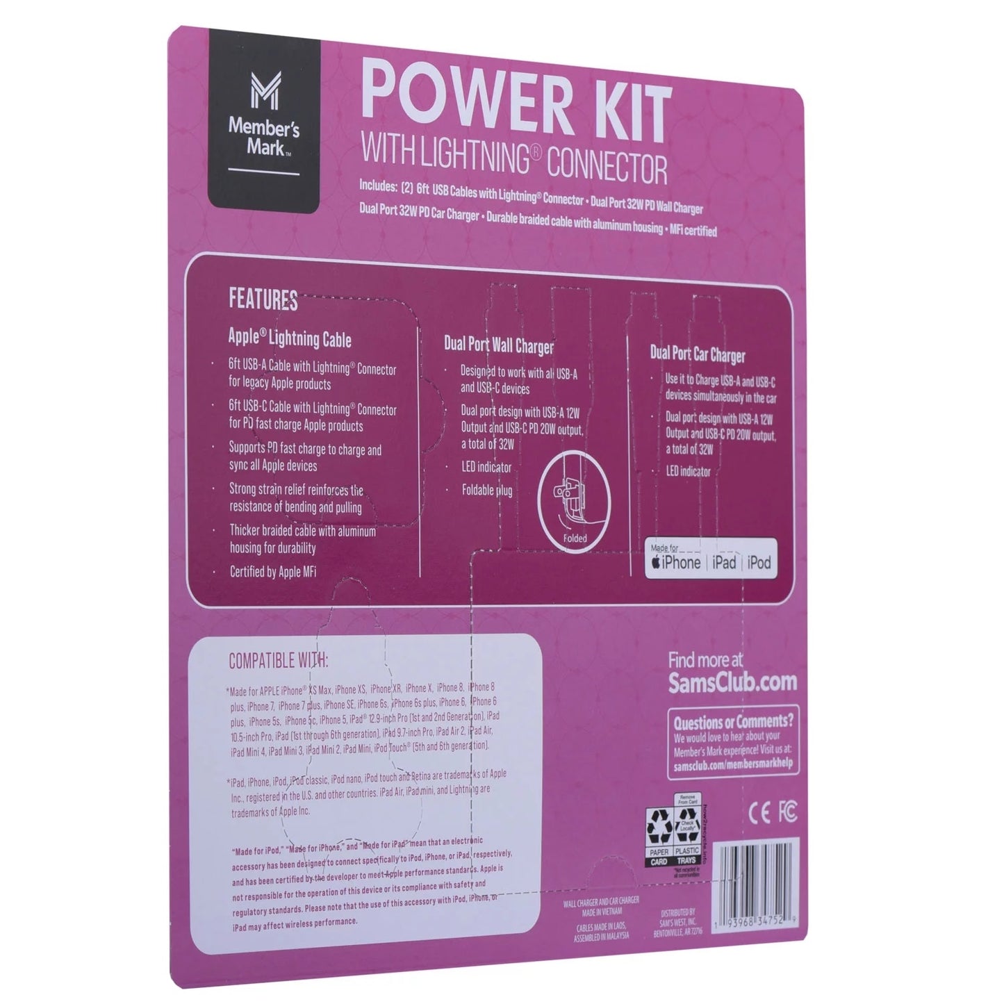 Member's Mark Lightning USB Power Kit: Car & Wall Charger & 2 Lightning Cables (Damage Package) - Bellso