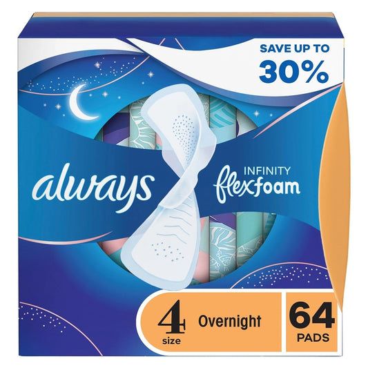 Always Infinity FlexFoam Overnight Pads with Wings Unscented Size 4 (64 Count) - Bellso