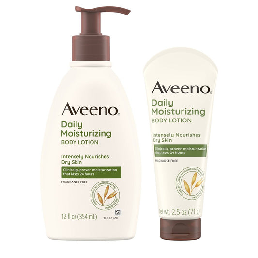 Aveeno Daily Moisturizing Lotion for Dry Skin with Oats and Rich Emollients - Fragrance Free - Bundle 12 Fl Oz and 2.5oz - Bellso