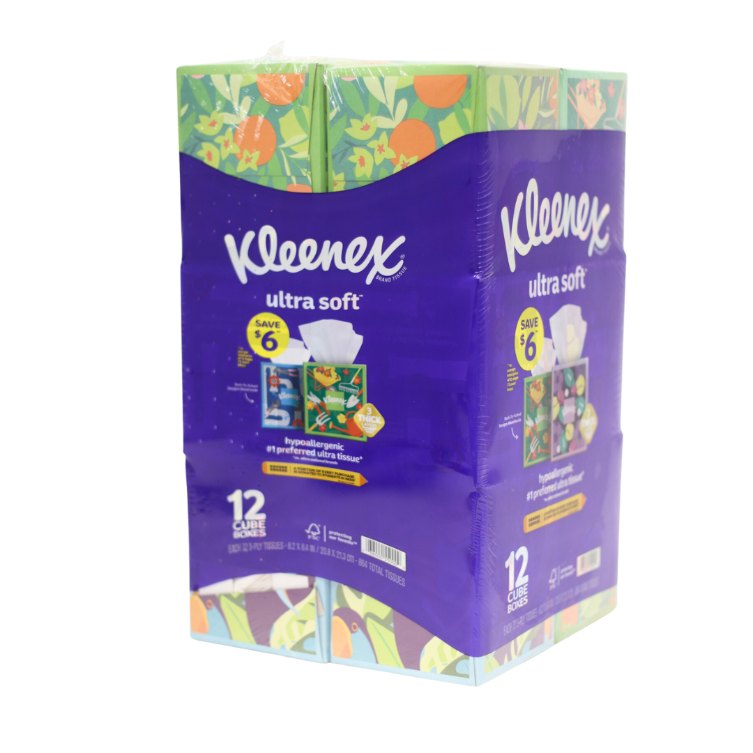 Kleenex Ultra Soft 3-Ply Facial Tissues, Cube Boxes (72 Tissues/Box, 12 Boxes) - Bellso