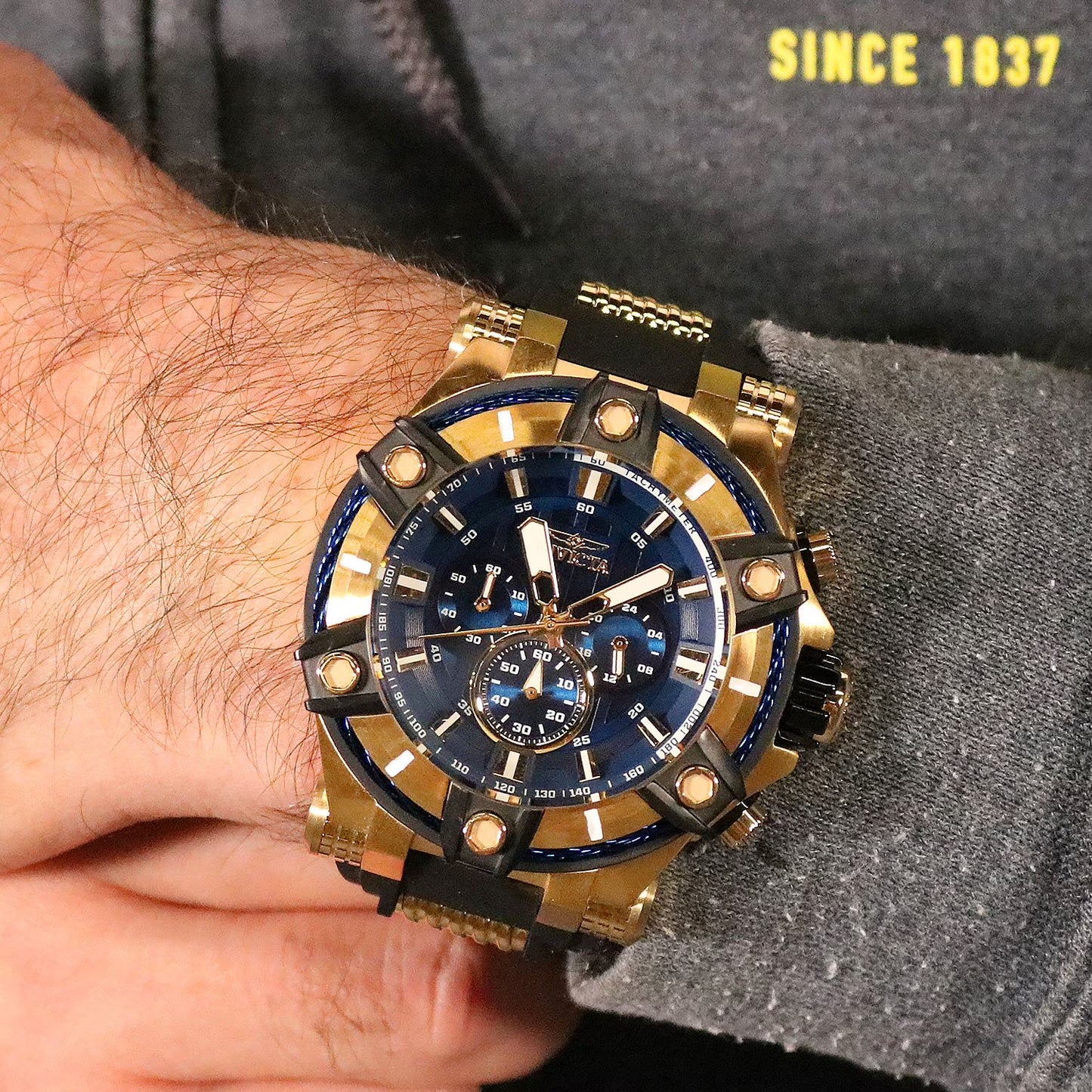 Invicta Men's Bolt Quartz 52mm Gold Tone Stainless Steel & Black Silicone, Blue Dial