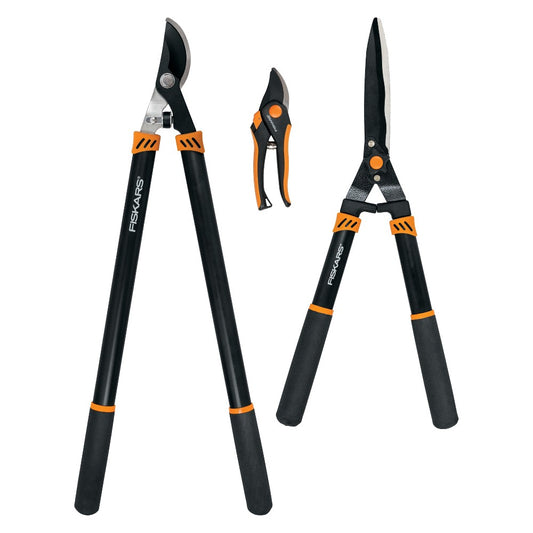 Fiskars Lopper and Pruner Garden Tool 3-Piece Set with Stainless Steel Blades Black and Orange - Bellso